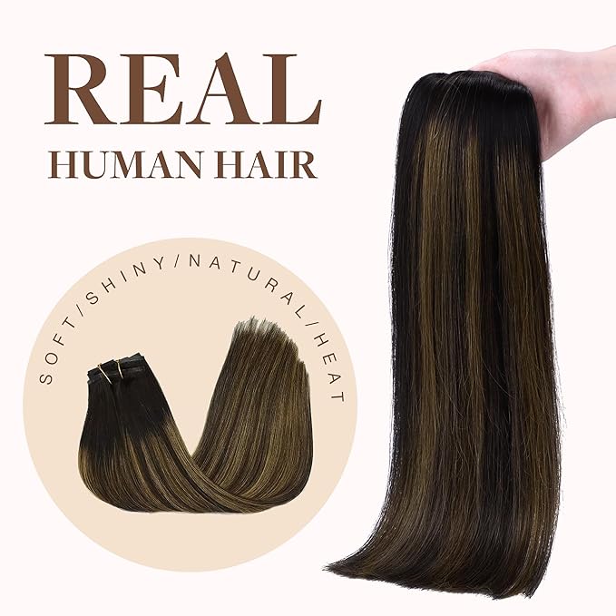 GOO GOO Clip in Hair Extensions Real Human Hair, Remy Human Hair Extensions Clip ins for Women, Natural Human Hair, 18inch 130g 7Pcs, 1B/6/1B Balayage Natural Black to Chestnut Brown