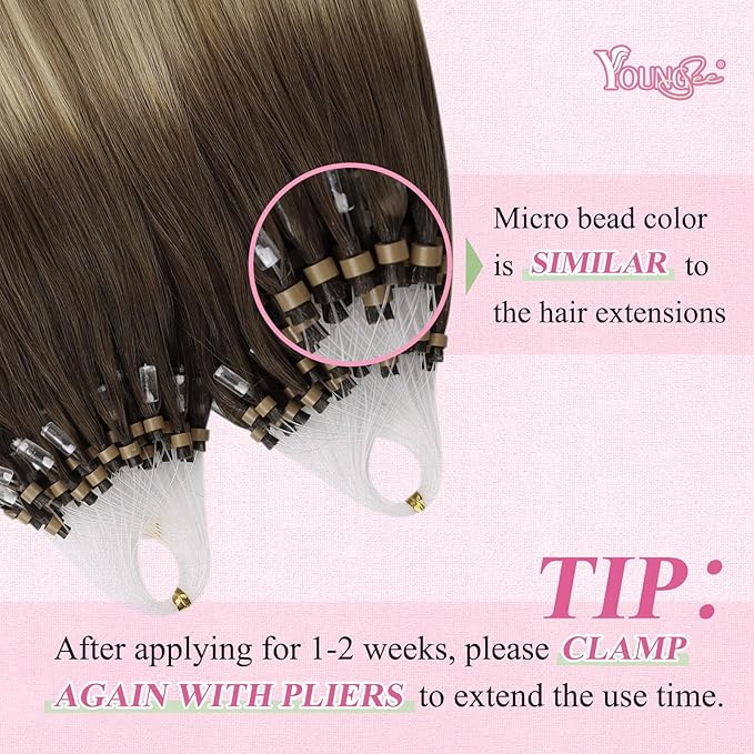 YoungSee Micro Beads Hair Extensions Balayage Micro Loop Hair Extensions Real Human Hair Dark Brown Ombre Brown with Blonde Micro Hair Extension 22In Bead Hair Extension Soft for Wedding 50s/50g