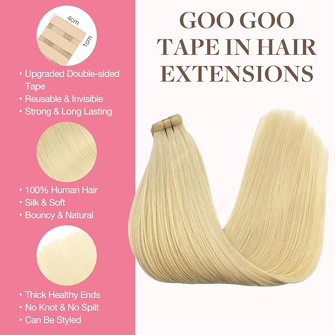GOO GOO Tape in Hair Extensions Human Hair, 613R Bleach Blonde, 26inch 60g 20pcs, Skin Weft Seamless Invisible, Silky Straight with Thick Ends, Remy Human Hair