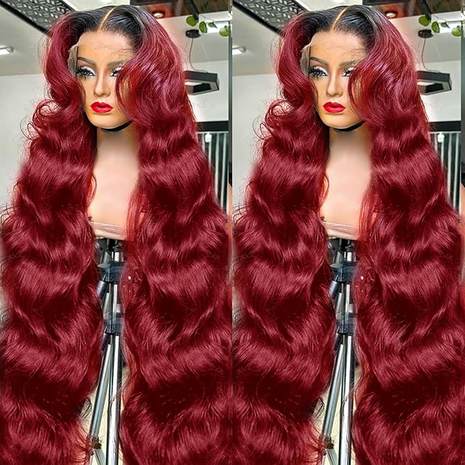 AMIRTY 250 Density Burgundy Lace Front Wigs Human Hair 13x6 HD Transparent Body Wave Lace Front Wig Pre Plucked 1B/99J Burgundy Red Wine Glueless Human Hair Wigs for Women 28 Inch