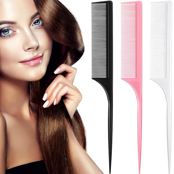 Leinuosen 3 Pack Rat Tail Combs Fine Tooth Parting Tip for Women Carbon Fiber Heat Resistant Anti Static Teasing for Back Combing Root Teasing Adding Volume Evening Styling(Black, Pink, White)