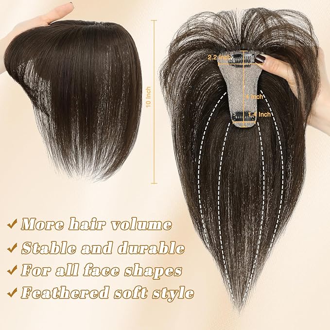 NAYOO Hair Toppers for Women Real Human Hair, 360° Cover Clips in Full Fringe Fake Bangs Hair Pieces for Women Girls Daily Wear (2# Darkst Brown)