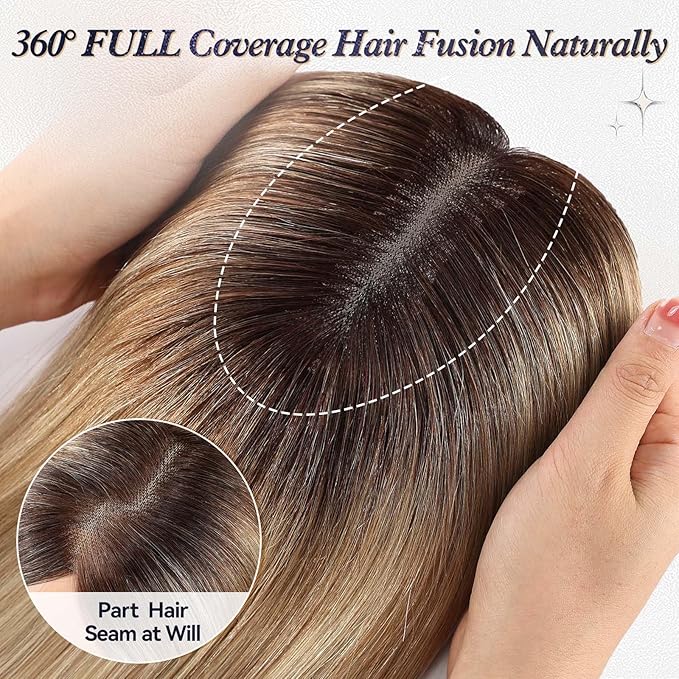 starluck Human Hair Toppers for Women with Thinning Hair, 14 Inch Real Hair Topper, 4.6x4 Inch SilkHug Swiss Lace Base Hairpiece, With Bangs (Ombre Blonde)