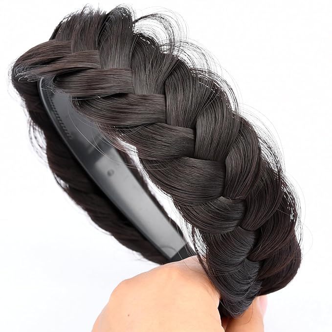 DIGUAN Wide Messy Braided Headband With Teeth Synthetic Hair Plaited Headband High Elasticity Braids Chunky Fishtail Braided Hair Band Hairpiece for Girls Women (Brunette Brown)