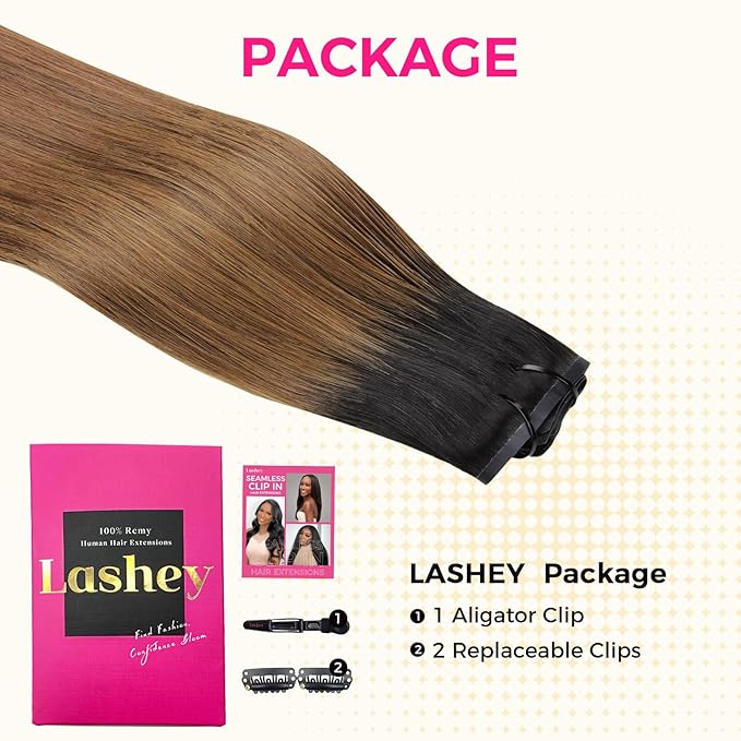Lashey Seamless Clip in Hair Extensions Human Hair 14 Inch 130g 9pcs Straight Ombre Natural Black to Medium Auburn PU Clip in Hair Extensions Full Human Hair for Women