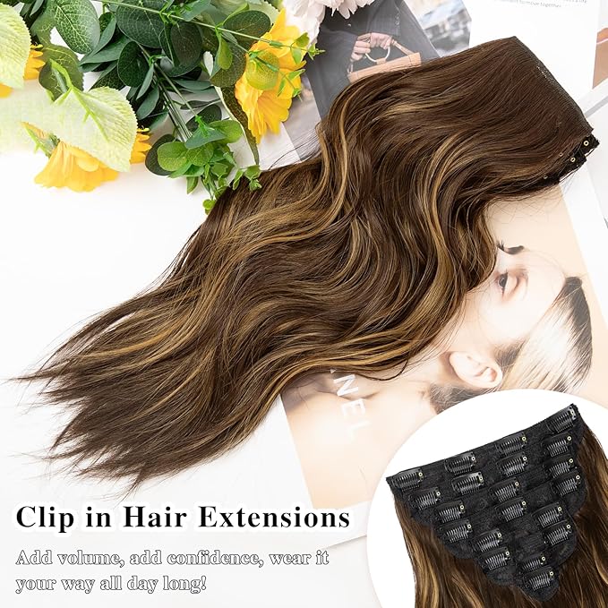 Clip in Hair Extensions, 8PCS 16 Inch Wavy Dark Brown Hair Extensions Clip Ins Mix Blonde, Synthetic Hairpieces for Women