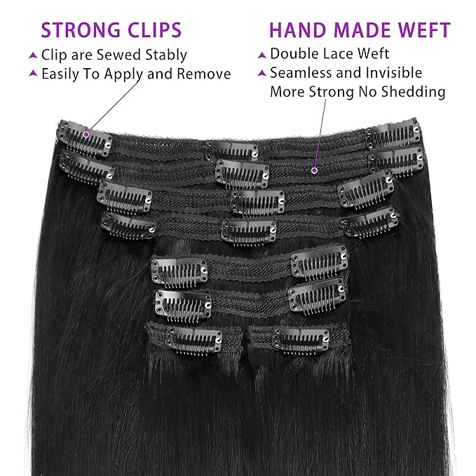 24 Inch Yaki-Straight Clip ins Real Human Hair Clip in Extensions For Women Brazilian Clip on Hair Extensions Real Human Hair Virgin Hair Extensions(24 Inch)