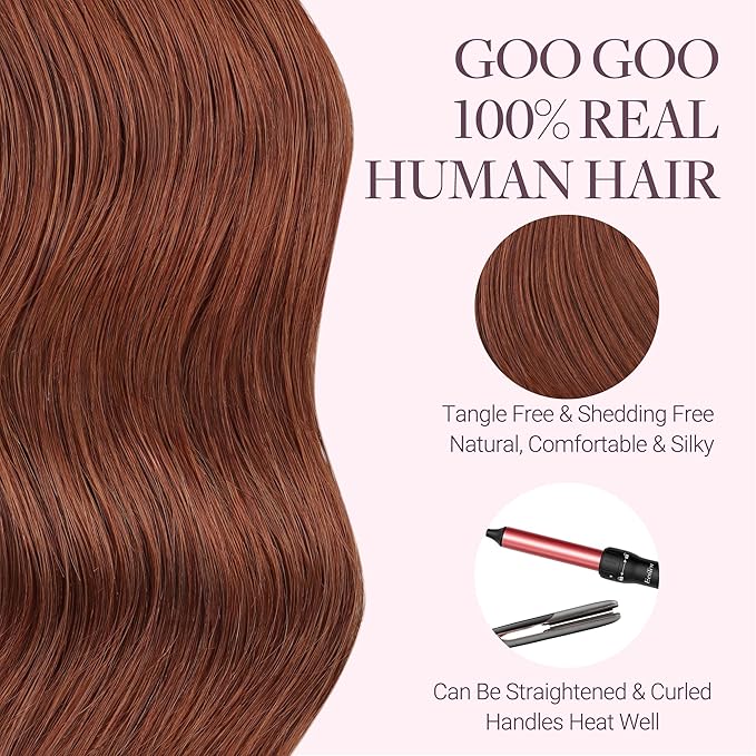 GOO GOO Tape in Hair Extensions Human Hair, #33B Dark Auburn Copper, 18inch 50g 20pcs, Skin Weft Seamless Invisible, Silky Straight with Thick Ends, Remy Human Hair