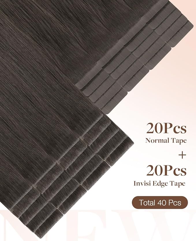 GOO GOO Invisi Edge Tape in Hair Extensions Human Hair, 1C Mocha Brown 20pcs injected with 20pcs classical tape ins, 16inch 100g, Virgin Remy Hair, Natural Look