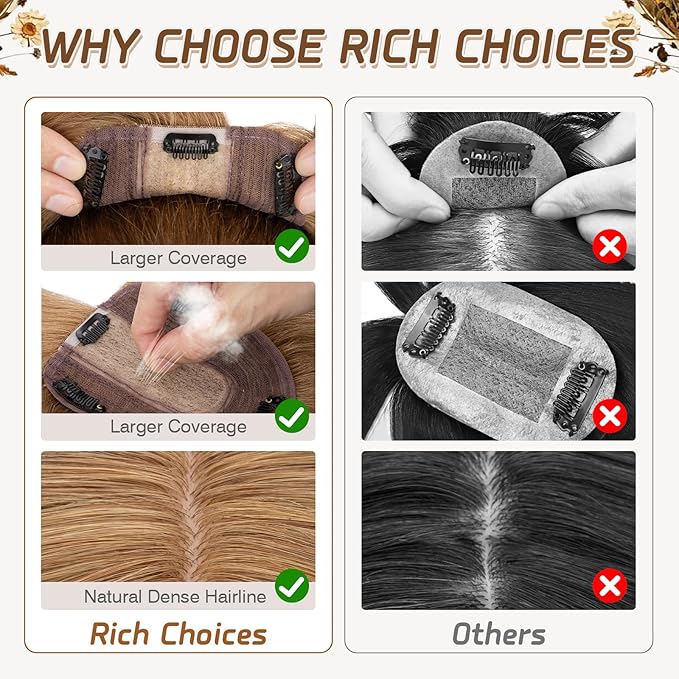 Rich Choices Real Human Hair Topper for Women With Bang - 100% Remy Human Hair for Thinning Hair, Clip in Silk Base, 16 Inch #6 Light Brown