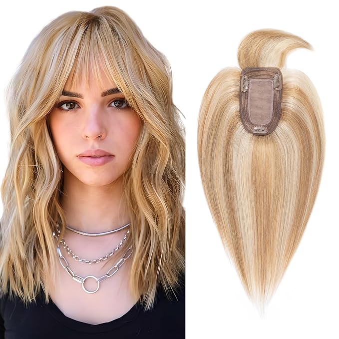 SEGO Hair Toppers for Women Real Human Hair with Front Bangs, Clip in Toppers with Thinning Hair 150% Density Silk Base -12 Inch #12/613 Golden Brown Mix Bleach Blonde