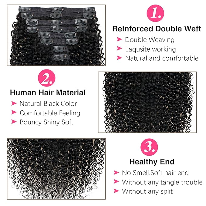 12 Inch Seamless Kinky Curly Clip Ins for Women 3c 4a Kinky Curly Clip on Extension Human Hair Brazilian Remy Human Hair Extensions Natural Black Clip ins 8 Pcs with 18 Clips 120g/Set