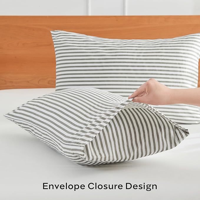 JELLYMONI 100% Natural Cotton Striped Standard Pillowcases Set, 2 Pack White and Grey Stripes Pattern Printed Pillow Covers with Envelope Closure(Pillows are not Included)