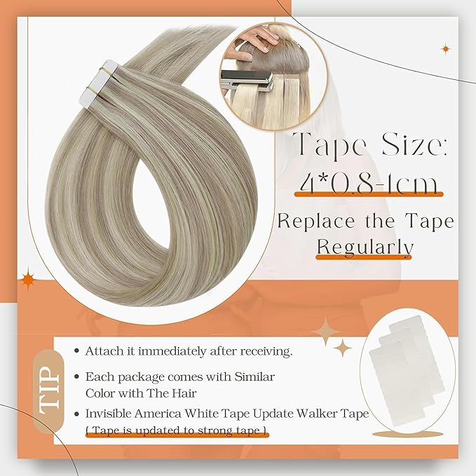 Full Shine Tape in Hair Extensions Human Hair Blonde Tape in Extensions Color 18 Ash Blonde Highlighted 613 Blonde 18Inch Seamless Invisible Skin Weft 100G for Wedding 40Pcs