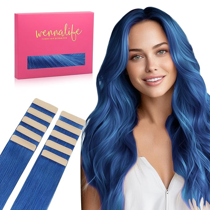 WENNALIFE Tape in Hair Extensions Human Hair Blue Tape in Extensions, 10pcs 25g 14 inch Remy Invisible Tape Ins Straight Colored Soft Real Human Hair Tape in Extensions Refill Set Extensions