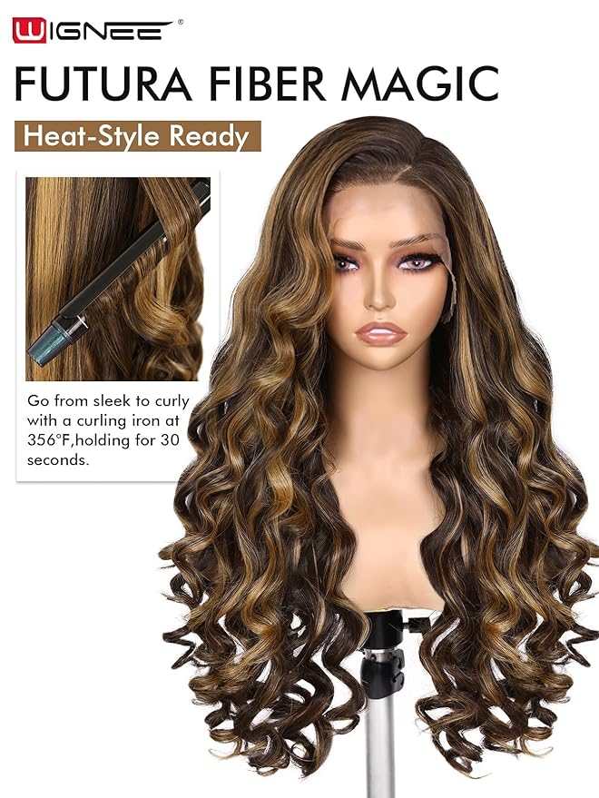 WIGNEE 13x6 Synthetic Lace Front Wig 28" Long Straight Wig Natural Black Kanekalon Futura Synthetic Wigs for Black Women Pre-Plucked Glueless Wig for Daily Party Use