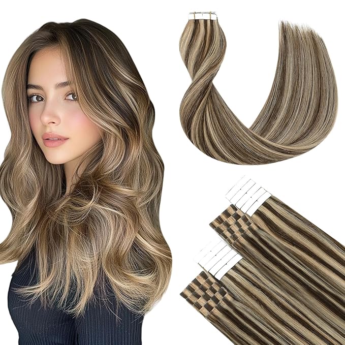 SURNEL Tape in Hair Extensions Human Hair 14 inch #4P27 Chocolate Brown Highlighted Caramel Blonde Tape Hair Extensions 20pcs 50g(#4P27-14)