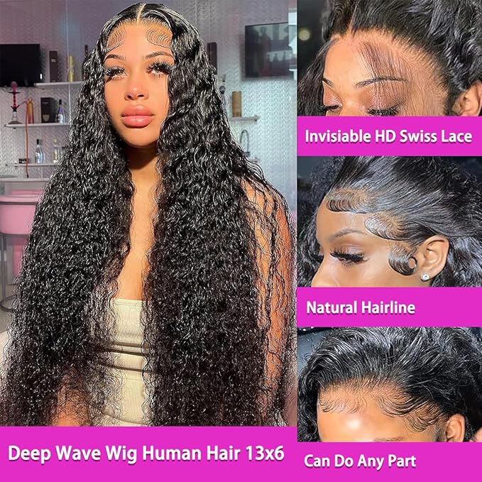 13x6 Deep Curly Lace Front Wigs Human Hair Pre Plucked Deep Wave Lace Frontal Wig Wet and Wavy Wigs for Black Women Natural Black Color 210% Density 22Inch