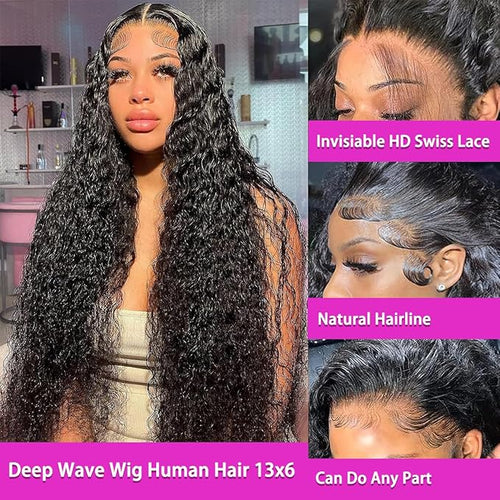 13x6 Deep Curly Lace Front Wigs Human Hair Pre Plucked Deep Wave Lace Frontal Wig Wet and Wavy Wigs for Black Women Natural Black Color 210% Density 22Inch