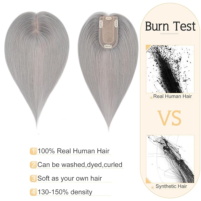 SEGO Grey Hair Toppers for Women Real Human Hair No Bangs, 7 * 13 CM Silk Base Clip In Topper Wiglet, Top Pieces Add Volume -10 Inch G1 Silver Grey