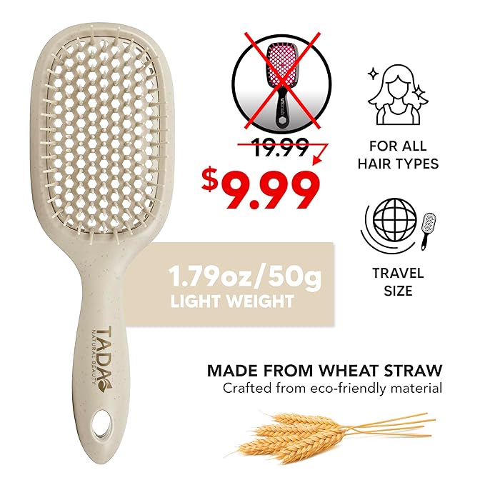 TADA Natural Beauty Hair Brush Detangler for Curly, Thick, Wavy, and Thin Hair - Ventilation Holes for Quick Drying and Styling, Detangler Brush for Women, Men, Kids (4 Colors) (Beige)