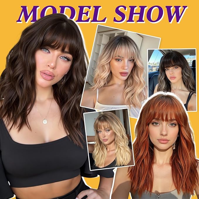 Short Curly Bob Wig with Bangs,Brown Highlight Synthetic Wigs for Women 18IN