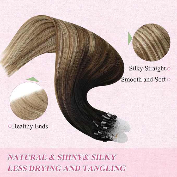 YoungSee Micro Bead Hair Extensions Real Human Hair Balayage Microbead Hair Extensions Dark Brown Ombre Medium Browns with Blonde Beaded Hair Extension 22In Pre Bonded Hair Extension 50g 50s