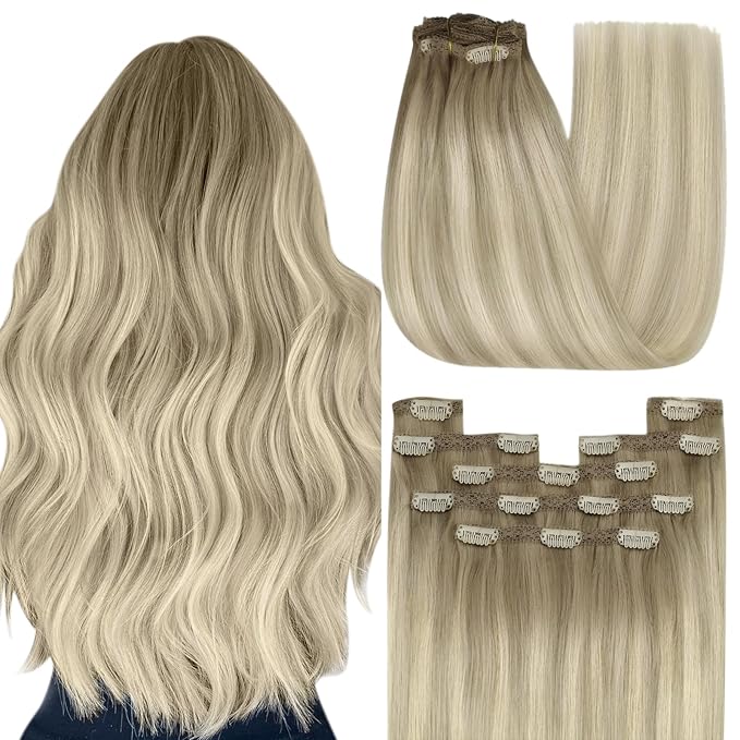 YoungSee Ash Blonde Hair Extensions Clip ins Ombre Platinum Blonde Mix Ash Blond Clip in Extensions Balayaage Real Hair Extensions Clip in Human Hair Long Straight Hair 120G 7Pcs 22Inch
