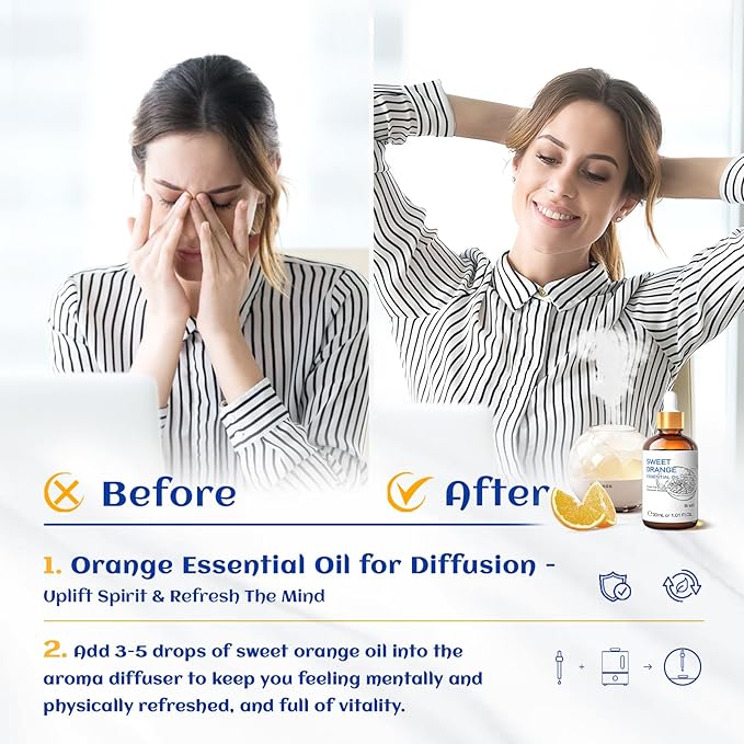 HIQILI 30ML Sweet Orange Essential Oil - Pure and Natural for Diffuser, Skin - 1 Fl Oz