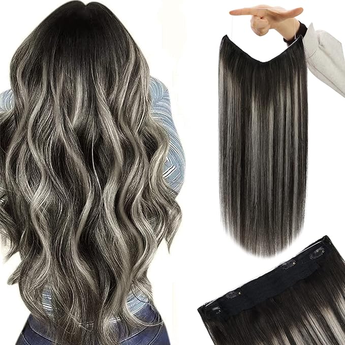 YoungSee Wire Hair Extensions Human Hair Black Balayage Human Hair Wire Extensions Black Ombre Silver Balayage Fish Line Extensions Long Straight Hair 20In 100G