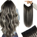 YoungSee Wire Hair Extensions Real Human Hair Ombre Secret Wire Human Hair Extensions Balayage Black with Silver Natural Fish Line Hair Extensions Human Hair 14In 80G
