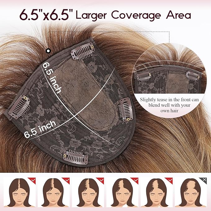 EMMOR Human Hair Toppers for Women Short Bob Real Hair with Bangs 10" Side Part Hairpieces for Women with Thin Hair 6.5" × 6.5" Larger Base Human Wig Toppers(Mixed Brown)