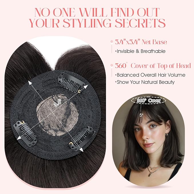 Hairro Mono Hair Toppers with Bangs, 3.4" x 3.4" Mono Base 100% Real Human Hairpieces for Women, 150% Density Clips In Topper for Greyish Thinning Hair, 18 Inch Natural Black