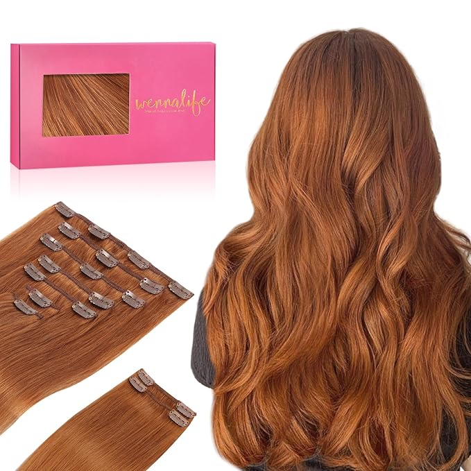 WENNALIFE Clip in Hair Extensions Real Human Hair, 14 Inch 150g 9pcs Human Hair Extensions Clip In, Dirty Ginger Hair Extensions Clip In Real Hair Coloured Remy Human Hair Extensions