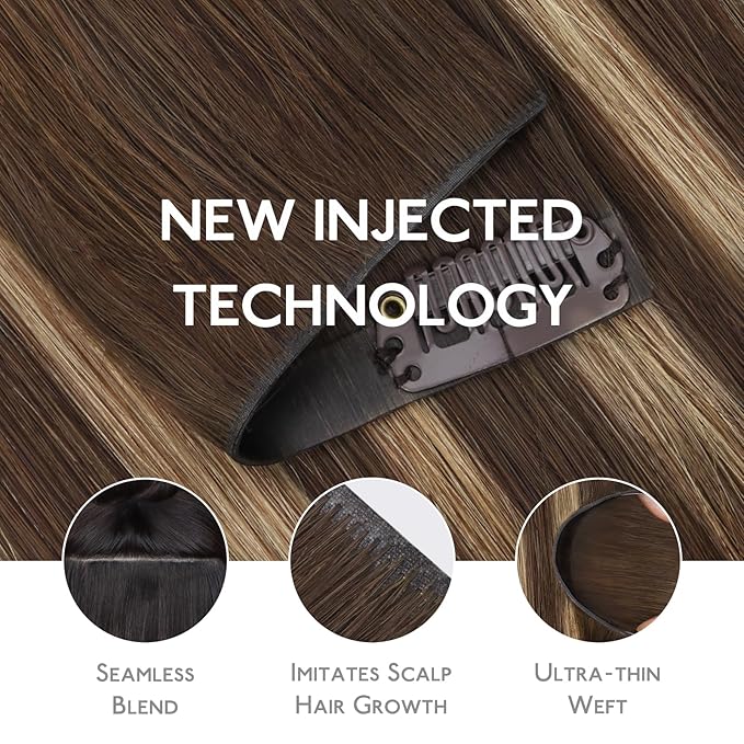 WENNALIFE Invisi Edge & Classic Seamless Clip in Hair Extensions Real Human Hair, 18 Inch 130 7pcs Balayage Chocolate Brown to Caramel Blonde Hair Extensions for Women Invisible Straight Injection