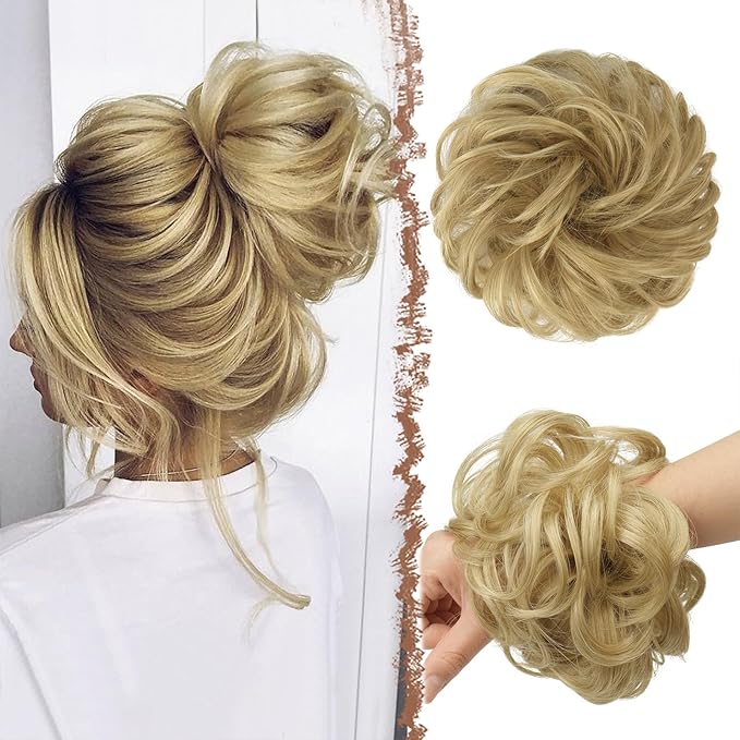 FESHFEN Messy Bun Hair Pieces - Large Wavy Curly Elastic Hair Bun Scrunchies Ponytail Extensions Synthetic Chignon Hairpieces for Women, Golden Blonde 1.94oz