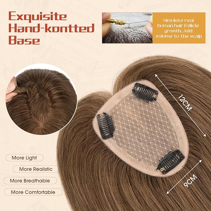 Rich Choices Human Hair Toppers for Women-100% Real Remy Hair Topper No Bang-Upgraded 150% Density 9 * 12CM Lace Base-Clip in Hairs Topper for Thinning Hairs-14Inch #4 Medium Brown