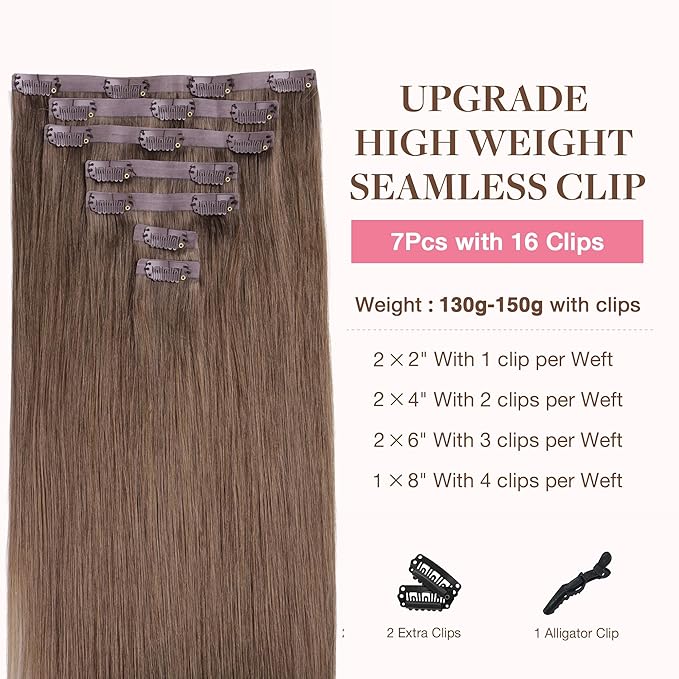 GOO GOO Clip in Hair Extensions Real Human Hair, Remy Human Hair Extensions Clip ins for Women, Natural Human Hair, 20inch 150g 7Pcs, 5 Light Ash Brown