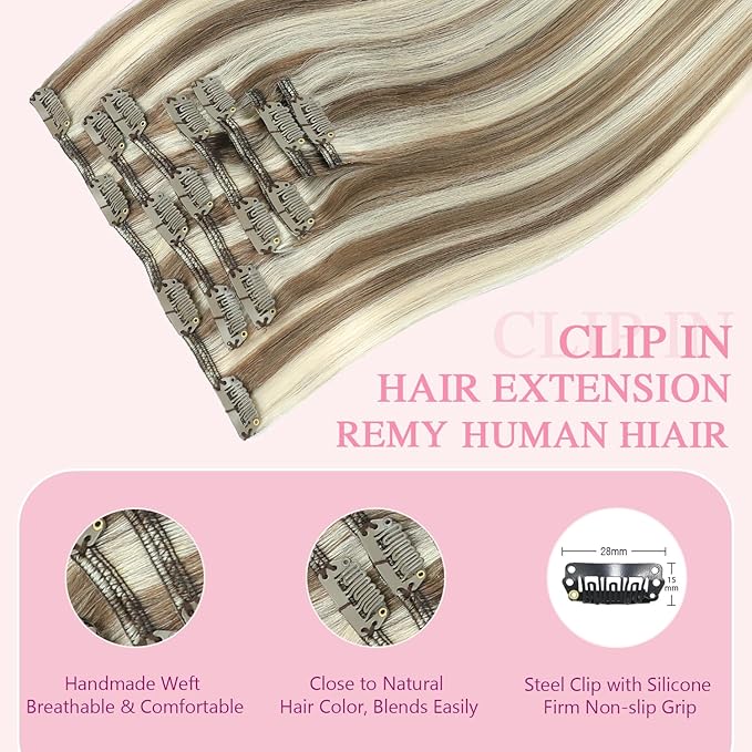 PINKPEARL Clip in Hair Extensions Straight Human Hair #8P60 Ash Brown Highlighted Platinum Blonde Clip in Extensions Remy Real Human Hair Extensions 7pcs 120g 22 Inch(#8P60-22)