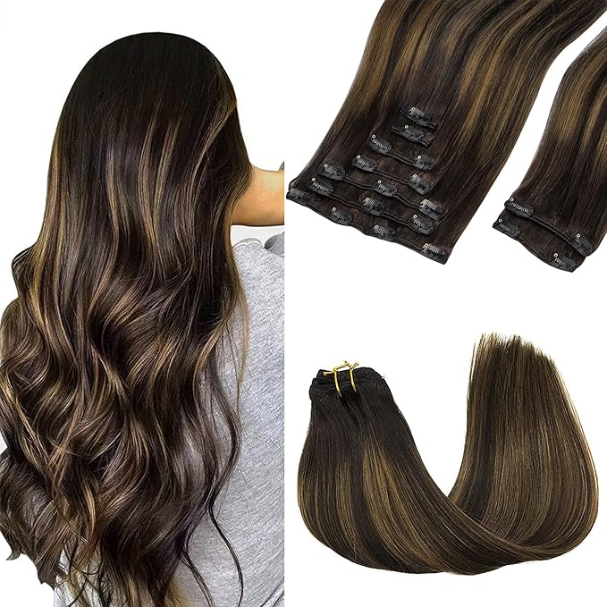 GOO GOO Clip in Hair Extensions Real Human Hair, Remy Human Hair Extensions Clip ins for Women, Natural Human Hair, 14inch 150g 9Pcs, 2/6/2 Balayage Dark Brown to Chestnut Brown