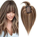 SEGO Hair Toppers for Women Real Human Hair with Thinning Hair, Toppers Hair Pieces Clip in Toppers Straight Hair Pieces with Front Bangs -6 Inch #4/27 Medium Brown Mix Dark Blonde