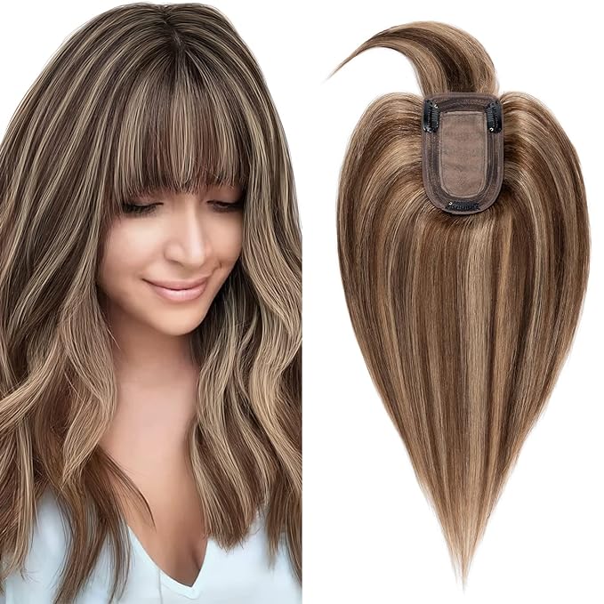 SEGO Hair Toppers for Women Real Human Hair with Thinning Hair, Toppers Hair Pieces Clip in Toppers Straight Hair Pieces with Front Bangs -6 Inch #4/27 Medium Brown Mix Dark Blonde