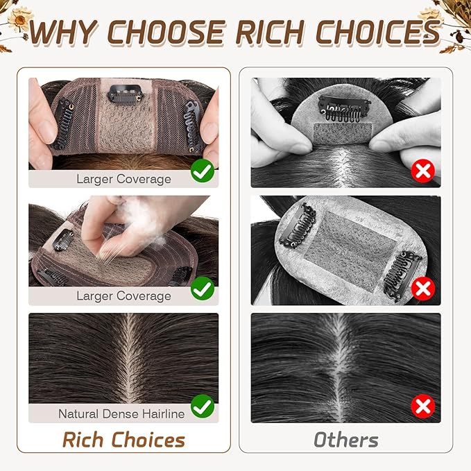 Rich Choices Real Human Hair Toppers for Women With Bang 100% Remy Human Hair Topper for Thinning Hair Clip in Silk Base Hair Topper 12 Inch #1B Natural Black