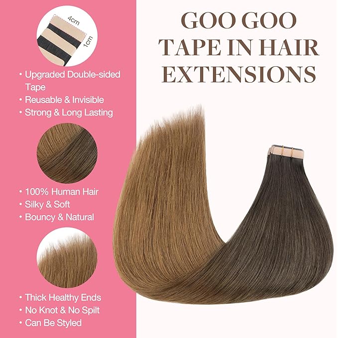 GOO GOO Tape in Hair Extensions Human Hair, 1D/2C/4E Chocolate Dip Color Melt, 22inch 100g 40pcs, Skin Weft Seamless Invisible, Silky Straight with Thick Ends, Remy Human Hair