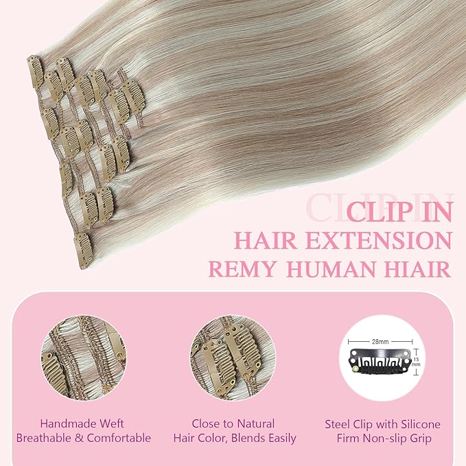 PINKPEARL Clip in Hair Extensions #18P1000 Ash Blonde Highlighted Gray Blonde 7pcs 20 Inch 120g Real Remy Hair Extensions Clip in Human Hair(#18P1000-20)
