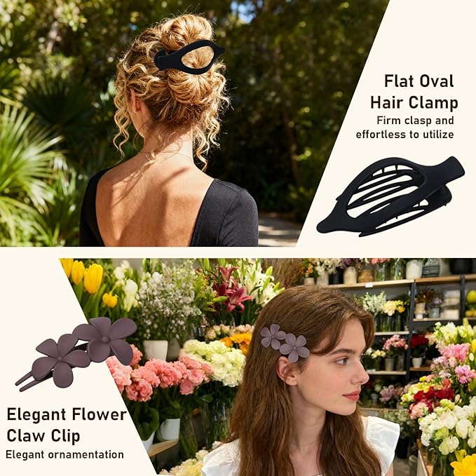 8 Pack Flat Hair Clips for Women – Matte Neutral Claw Clips & Flower Hair Pins Barrettes Set in Black, Blonde,Light Brown & Dark Brown for Thick & Thin Hair