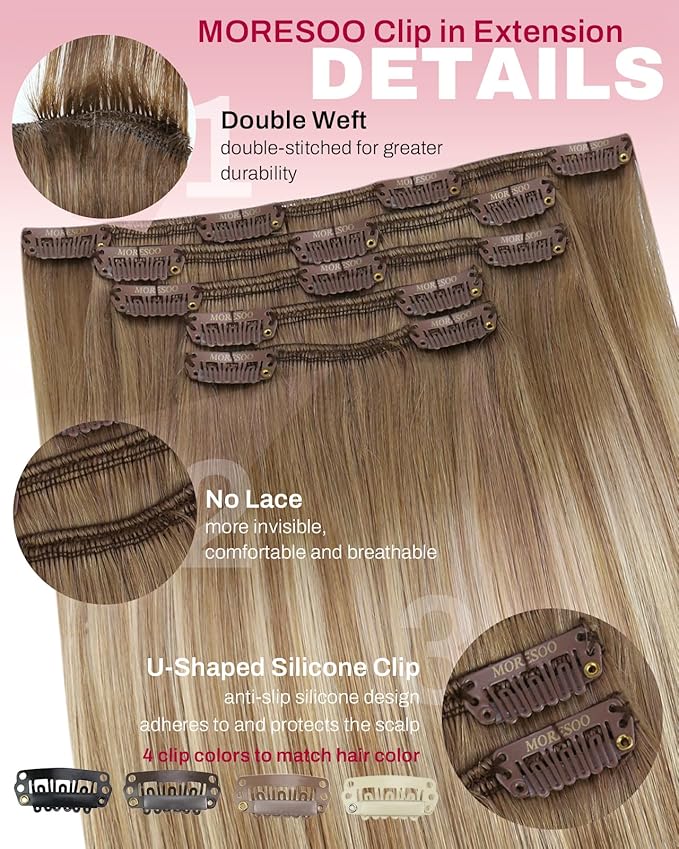 Moresoo Clip in Human Hair Extensions Blonde Balayage Remy Double Weft Human Hair Extensions Clip ins Ombre Light Brown with Golden Blonde 5pcs 80g 16inch