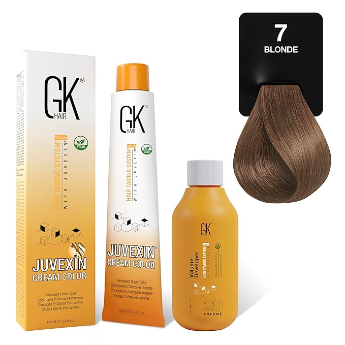 GK HAIR Global Keratin Natural 7 Blonde Hair Color Cream Tube (3.4 Fl Oz/100ml) + 20 Volume Developer (5 Fl Oz/150ml) - Professional Permanent Long Lasting Toner Dye