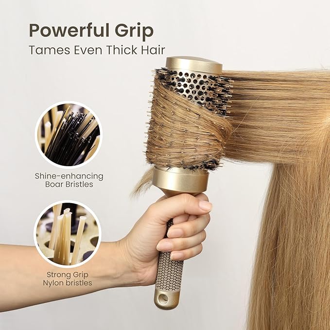 AIMIKE Round Hair Brush, Nano Thermal Ceramic & Ionic Tech, 2.1 Inch Barrel with Boar Bristles for Enhanced Texture, Golden, Hair Drying, Styling, Curling and Shine + 4 Free Clips
