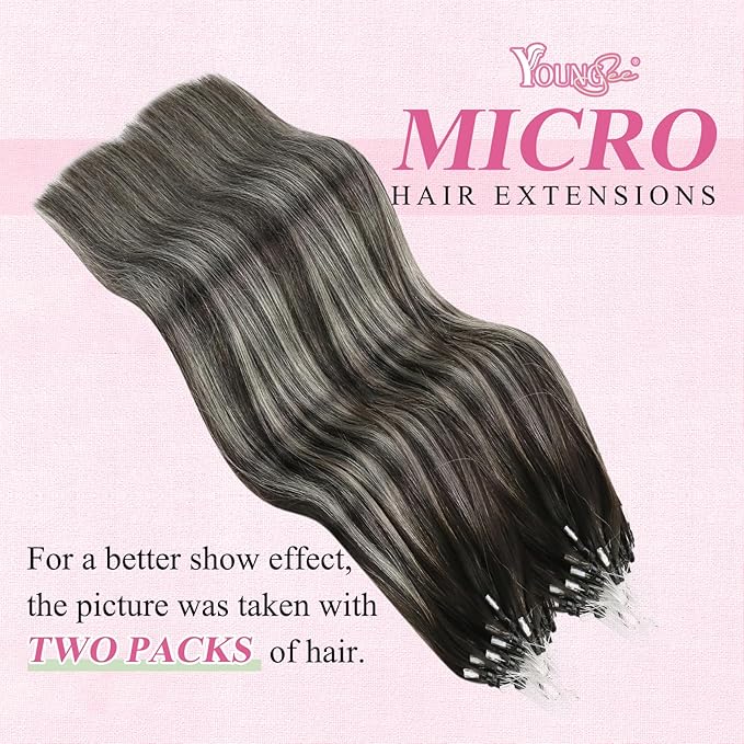 YoungSee Micro Bead Hair Extensions Real Human Hair Ombre Microlink Hair Extensions Human Hair Balayage Black with Silver Micro Loop Hair Extension 14 Inch 50g 50s Microbead Extension for Short Hair